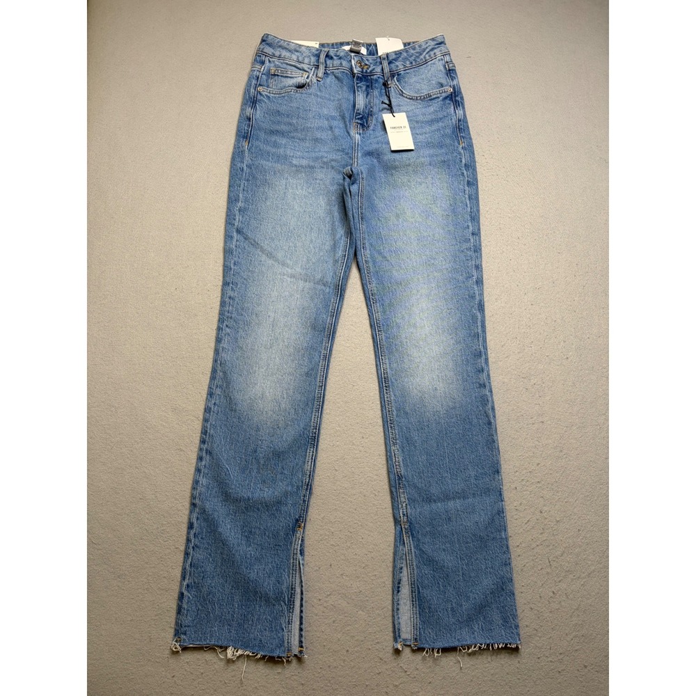 Forever 21 Straight Leg Jeans Women 28 Blue Premium High Rise Side Slit Raw Hem